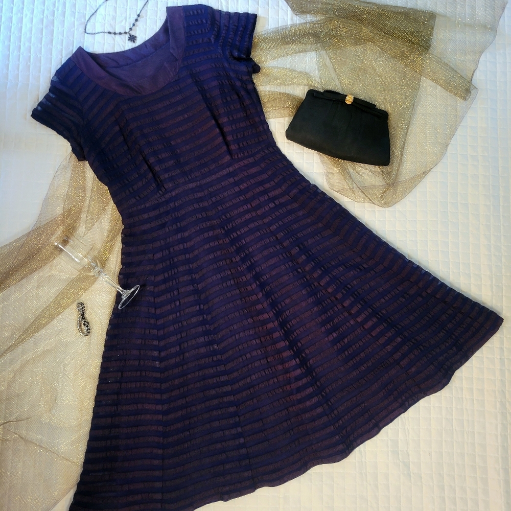 🌠 VTG Silk Net and Ribbon Striped Navy Blue Fit & Flare Party Dress Sz L